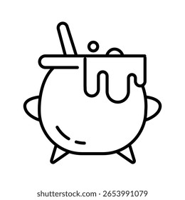 Line art of a bubbling cauldron used in witchcraft or potion brewing. Fits well with magic, Halloween, or fantasy themes. Outline icons Collection. editable stroke. vector illustration