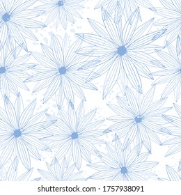 Line art bud daisy seamless pattern isolated on white background. Abstract floral wallpaper. Decorative backdrop for fabric design, textile print, wrapping, cover. Vector illustration.