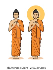 Line art of Buddhism with Gautama Buddha the founder of Buddhism with and without light radius standing and action as meditating drawing in colorful cartoon vector