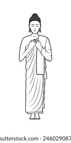 Line art of Buddhism with Gautama Buddha the founder of Buddhism standing and action as meditating drawing in black and white cartoon vector