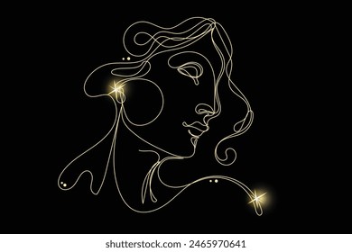 Line Art Bulldog Animal with Gold Glitter Stars. Luxury Rich Glamour Invitation Card Template. Dog Isolated on Black. Shine Gold Light Texture Effect. Glowing Blink Star Symbol Christmas Card.