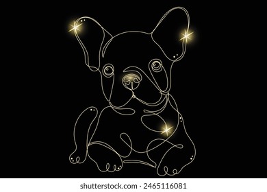 Line Art Bulldog with Gold Glitter Stars. Luxury Rich Glamour Invitation Card Template. Outline Dog Isolated on Black. Shine Gold Light Texture Effect. Glowing Blink Star Symbol Element Gift.