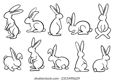 Line art bunnies illustration set. Cute rabbits with black thin line in different position. Adorable cute animals illustrations contour drawing.