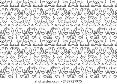 Line art bunnies seamless pattern. Repeating pattern with outline cute rabbits and hearts.