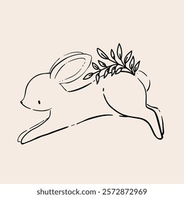 Line Art Bunny and Floral Illustration. Hand Drawn Rabbits. Cute Bunny Rabbit Outline Sketch. Easter Bunny Line Art.