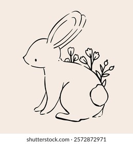 Line Art Bunny and Floral Illustration. Hand Drawn Rabbits. Cute Bunny Rabbit Outline Sketch. Easter Bunny Line Art.