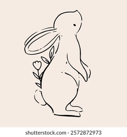 Line Art Bunny and Floral Illustration. Hand Drawn Rabbits. Cute Bunny Rabbit Outline Sketch. Easter Bunny Line Art.