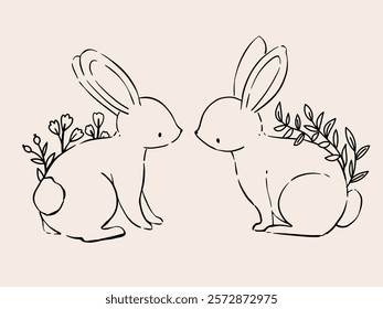 Line Art Bunny and Floral Illustration. Hand Drawn Rabbits. Cute Bunny Rabbit Outline Sketch. Easter Bunny Line Art.