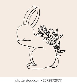 Line Art Bunny and Floral Illustration. Hand Drawn Rabbits. Cute Bunny Rabbit Outline Sketch. Easter Bunny Line Art.