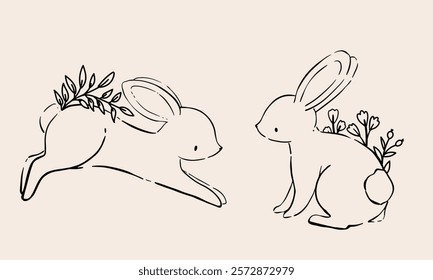 Line Art Bunny and Floral Illustration. Hand Drawn Rabbits. Cute Bunny Rabbit Outline Sketch. Easter Bunny Line Art.