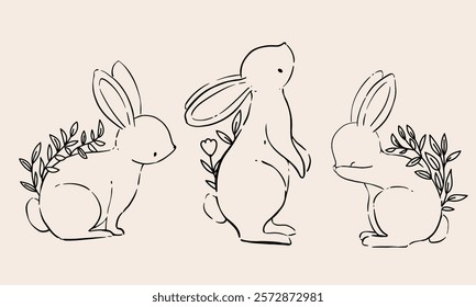 Line Art Bunny and Floral Illustration. Hand Drawn Rabbits. Cute Bunny Rabbit Outline Sketch. Easter Bunny Line Art.