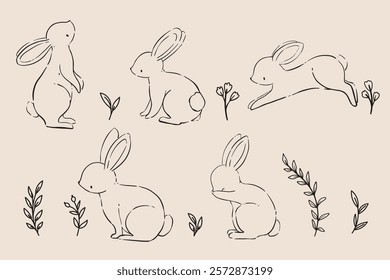 Line Art Bunny and Floral Illustration. Hand Drawn Rabbits. Cute Bunny Rabbit Outline Sketch. Easter Bunny Line Art.