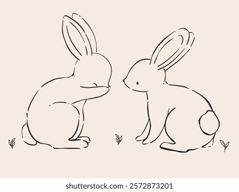 Line Art Bunny and Floral Illustration. Hand Drawn Rabbits. Cute Bunny Rabbit Outline Sketch. Easter Bunny Line Art.