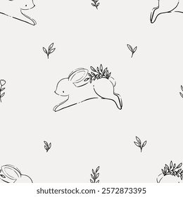 Line Art Bunny and Floral Seamless Pattern. Hand Drawn Outline Rabbit Illustration.