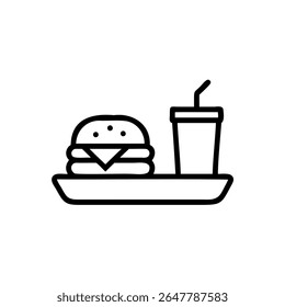 Line art burger drink on a tray with a straw isolated on background hamburger cheeseburger