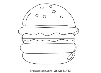 Line Art Burger Sandwich Sketch Illustration. One Continuous Outline Wavy Contour Drawing. Stroke Modern Doodle Food Symbol Icon. Cafe Menu Card Invitation Sketch Contour Design Element. 