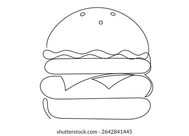 Line Art Burger Sandwich Sketch Illustration. One Continuous Outline Wavy Contour Drawing. Stroke Modern Doodle Food Symbol Icon. Cafe Menu Card Invitation Sketch Contour Design Element. 