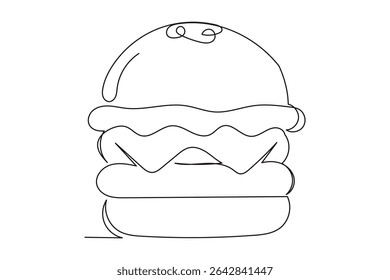 Line Art Burger Sandwich Sketch Illustration. One Continuous Outline Wavy Contour Drawing. Stroke Modern Doodle Food Symbol Icon. Cafe Menu Card Invitation Sketch Contour Design Element. 
