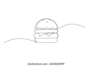Line Art Burger Sandwich Sketch Illustration. One Continuous Outline Wavy Contour Drawing. Stroke Modern Doodle Food Symbol Icon. Cafe Menu Card Invitation Sketch Contour Design Element
