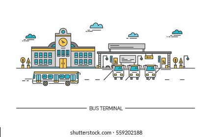 Line art bus terminal, station. Colorful illustration in flat style.