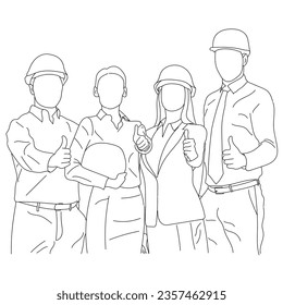 Line art of business, architecture, and office concept. A Happy team of architects in the office showing thumbs-up
