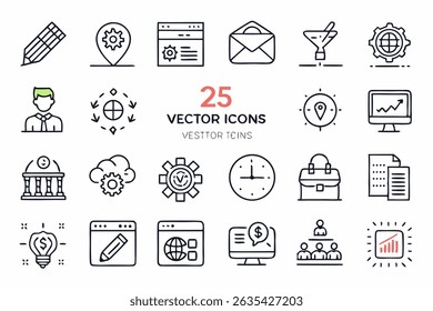 line art business icons, minimal vector pack, editable stroke icons, monochrome outline icons, corporate icon set, UI web icons, professional line 