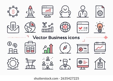 line art business icons, minimal vector pack, editable stroke icons, monochrome outline icons, corporate icon set, UI web icons, professional line 
