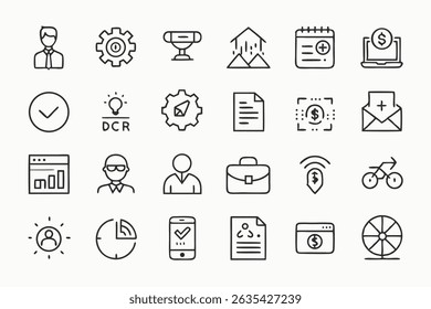 line art business icons, minimal vector pack, editable stroke icons, monochrome outline icons, corporate icon set, UI web icons, professional line 