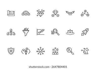 Line art business strategy icons set including diamond shield rocket chess piece