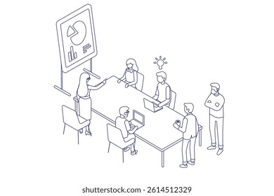 Line art business team isometric vector isolated on white background. Teamwork, cooperation.
