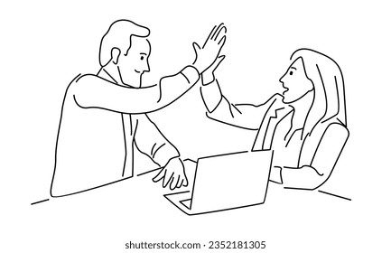 line art of businessman and businesswoman discussion