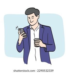 line art businessman using smartphone and takeaway coffee cup in hand illustration vector hand drawn isolated on white background
