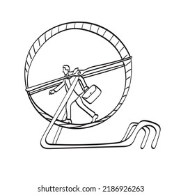 Geschäftsmann für Streichelkunst, der auf Hamsterradgrafik geht, Vektorgrafik einzeln auf weißem Hintergrund