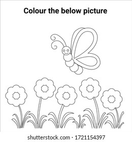 Line art butterfly in the flower garden . vector illustration. For pre school education, kindergarten and kids and children. Coloring page and books, outline