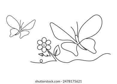 Line art butterfly and flower vector. Flying Butterfly and flower line art icon, vector, symbol. Continuous line butterfly and flower art. Continuous line drawing flower, butterfly icon silhouette. 