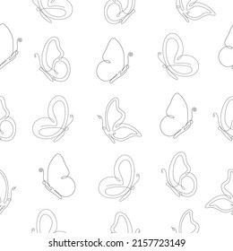 Line art butterfly flying seamless pattern. Continuous one line drawing butterflies insects. Vector isolated on white.