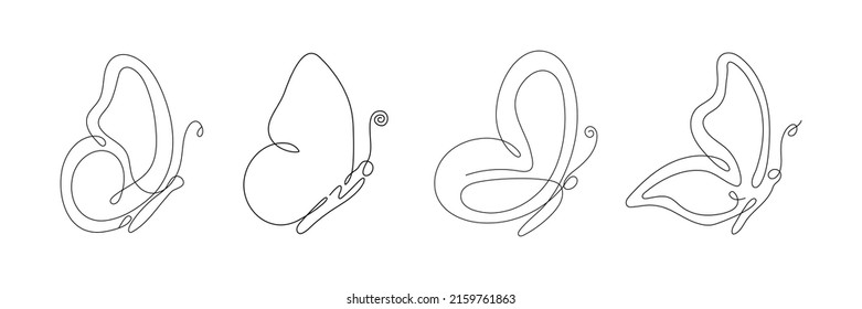 Line art butterfly flying set. Continuous one line drawing butterflies insects. Vector isolated on white.