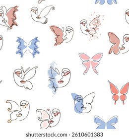 Line art butterfly illustrations Minimalist trendy abstract seamless pattern. Modern vector template for design.