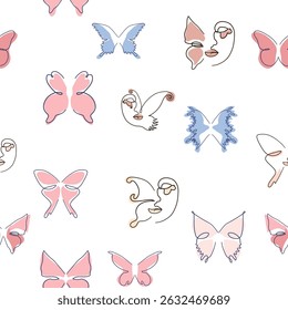 Line art butterfly illustrations Minimalist trendy abstract seamless pattern. Modern vector template for design.