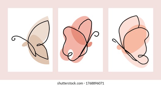 Line Art Butterfly Set. One Line Drawing. Fancy Line Art. Trendy Concept For The Logo, Card, Banner, Poster Flyer,  Vector Illustration.