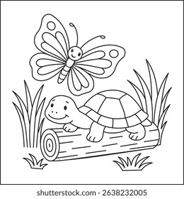 Line art of a butterfly and turtle on a log with grass in a coloring book style image