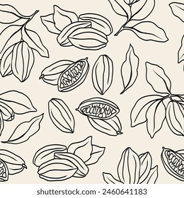 Line art cacao background. Hand drawn cocoa beans