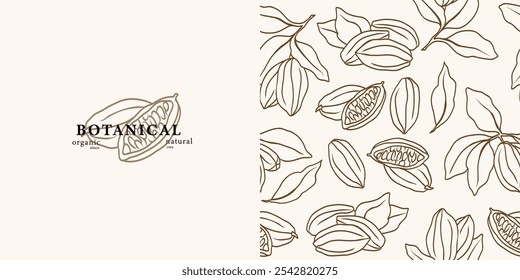 Line art cacao background. Hand drawn cocoa beans logo