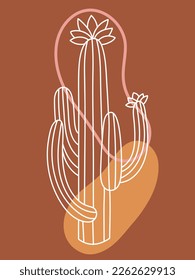 Line art cactus illustrations. Desert landscape with cactus and sand dunes or hills vector. Moon Desert Cactus Boho Warm Colors Minimal Botanical Vector Illustration Set.