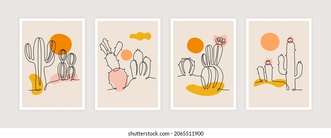 Line art cactus posters. Abstract contemporary banners with continuous line exotic desert plant, modern trendy placard with one line succulent. Vector set