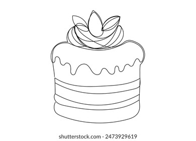 Line Art Cake Illustration. Sweet Holiday Greeting Cake Pancake Delicious Decoration Line Art. Happy Birthday Party Dessert Cake Line Art Sketch Drawing. Editable Continuous Vector Thin Stroke Line