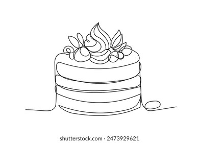 In: Line Art Cake Illustration. Süße Festliche Musik Gruß Kuchen Pfannkuchen Köstliche Dekoration Linie Kunst. Happy Birthday Party Dessert Kuchen Linie Kunst Skizze Zeichnung. Editierbare durchgehende dünne Strichlinie der Vektorgrafik