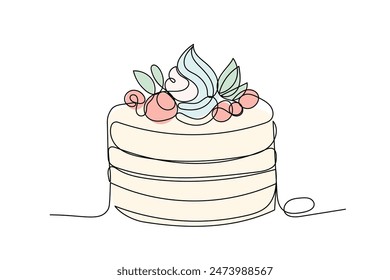 Line Art Cake Illustration. Sweet Holiday Greeting Cake Pancake Delicious Decoration Line Art. Happy Birthday Party Dessert Cake Line Art Sketch Drawing. Editable Continuous Vector Thin Stroke Line