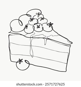 Line art of a cake slice with cherries. Minimalist cake illustration featuring cherries. Simple cake drawing with cherry details. Simple isolated black line art doodle vector.