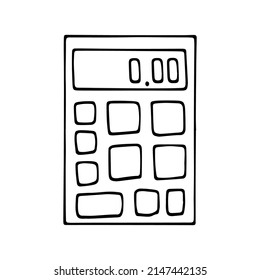 Line art calculator. Stationery office item. Counting machine. Hand drawn graphic vector illustration. Isolated simple doodle element.